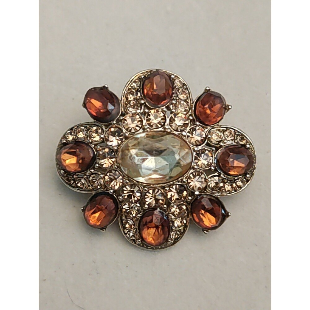 VTG Signed LC Liz Claiborne Gold Tone Pumpkin Amber Crystals 1.63” Brooch Pin